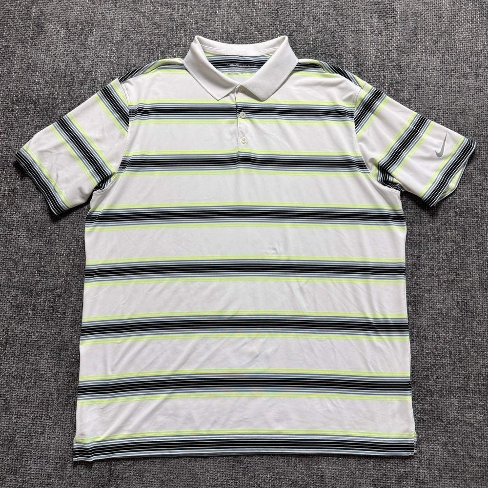 Nike Golf Polo Mens XL White Lime Green Striped Dri-FIT Tour Performance Shirt